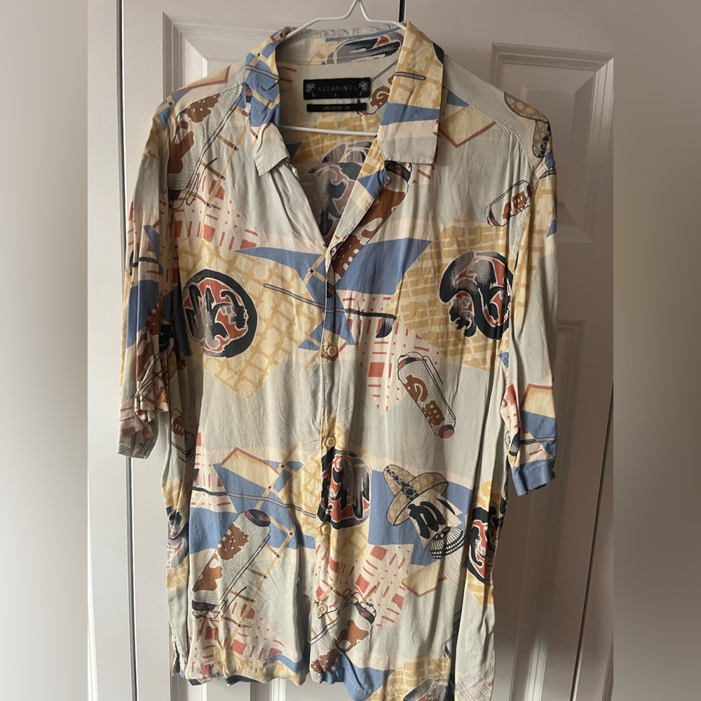 All Saints Print Short Sleeve Yellow Blue Button Down Casual Shirt